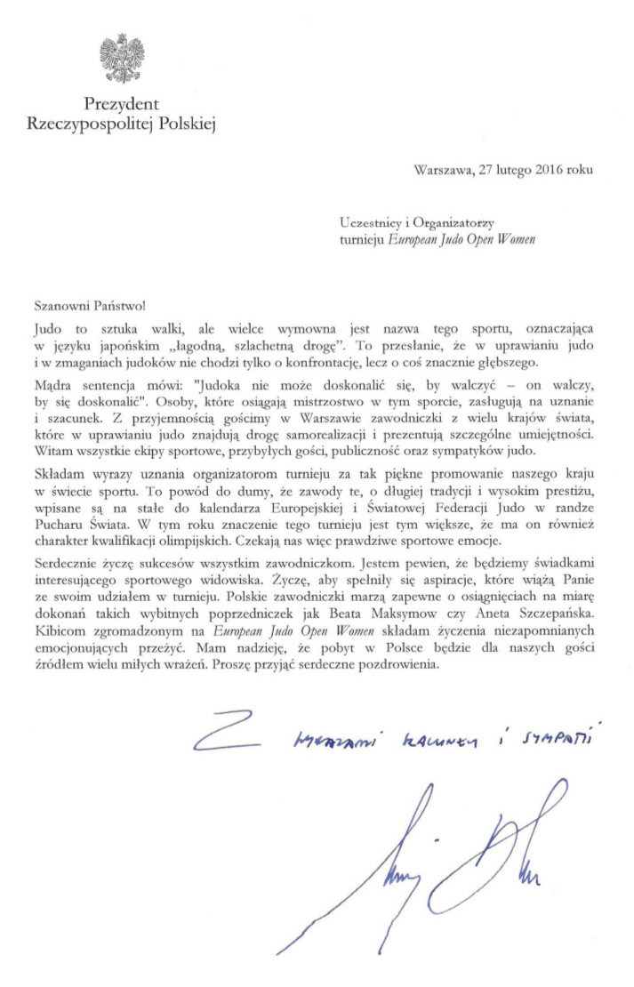 list gratulacyjny Prezydenta RP Pana Andrzeja Dudy
